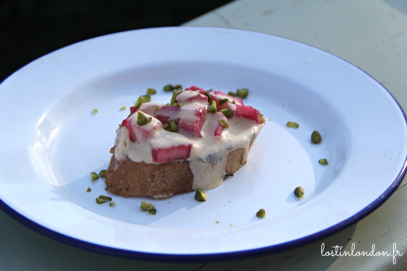 Eggy bread with pan-roast rhubarb with rosemary and elderflower sabayon - Josh Eggleton